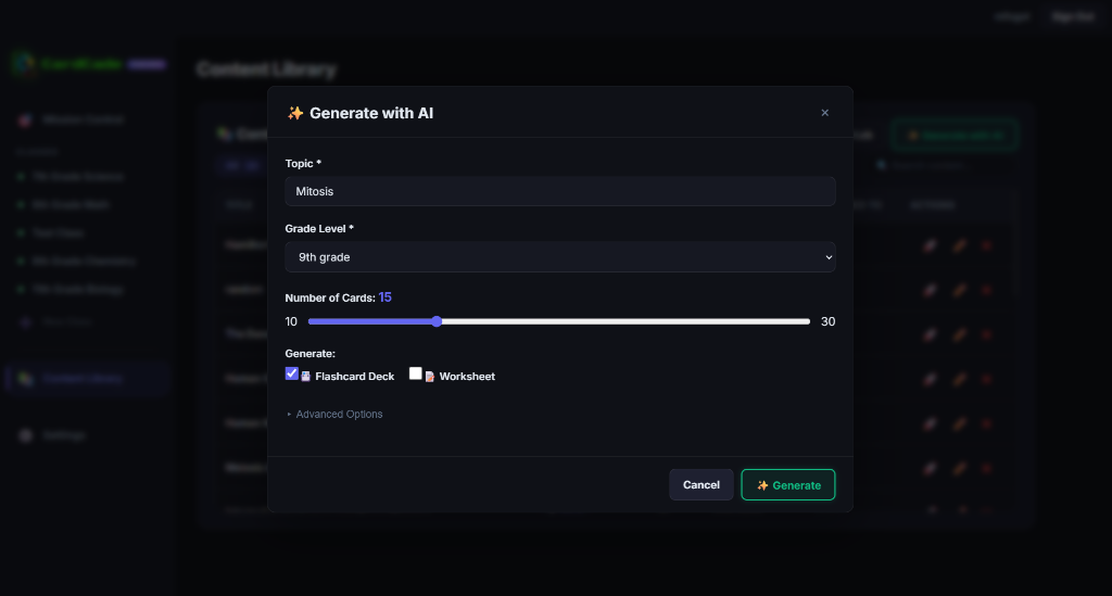 AI Flashcard Generator Interface