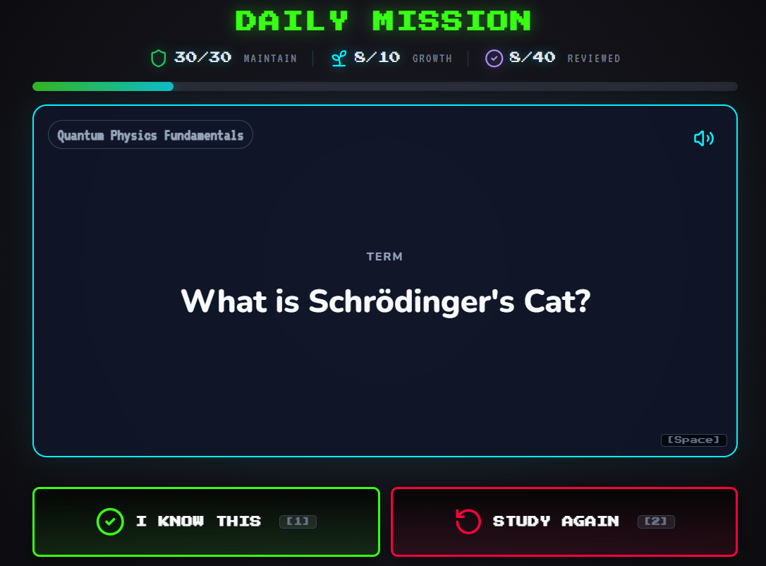CardCade Solo Daily Mission study screen for Quantum Physics Fundamentals