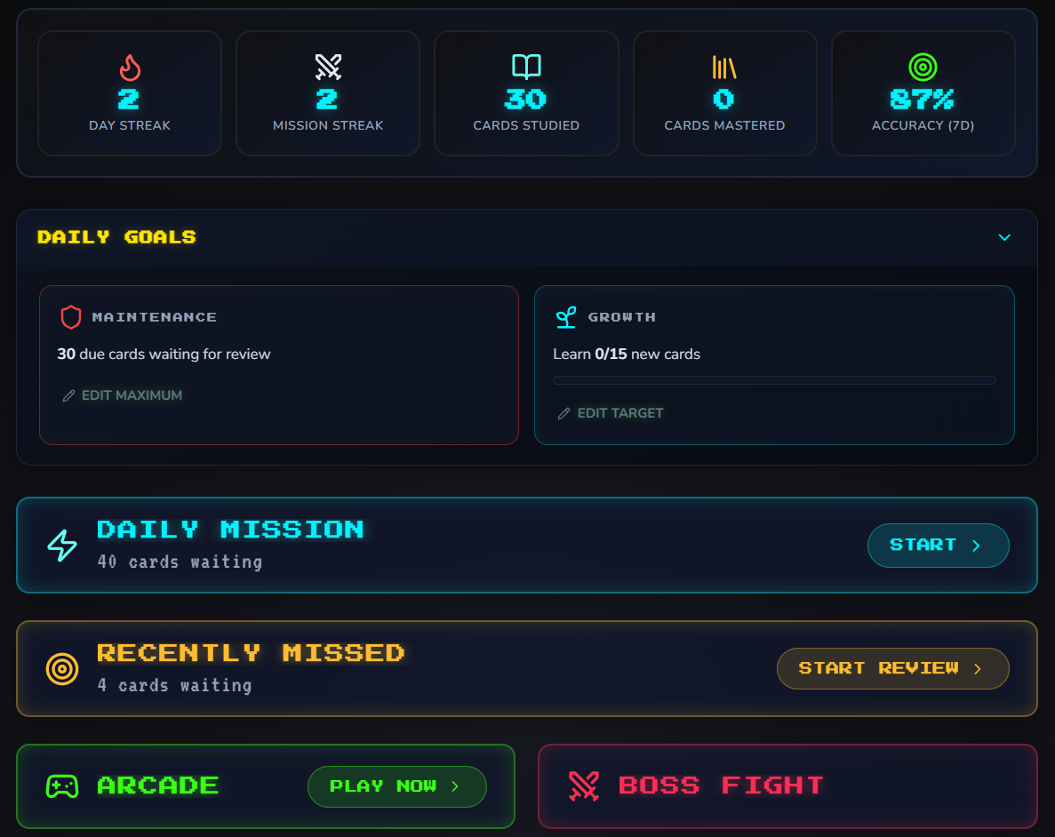 CardCade Solo dashboard showing Daily Mission, Daily Goals, Recently Missed, Arcade, and Boss Fight