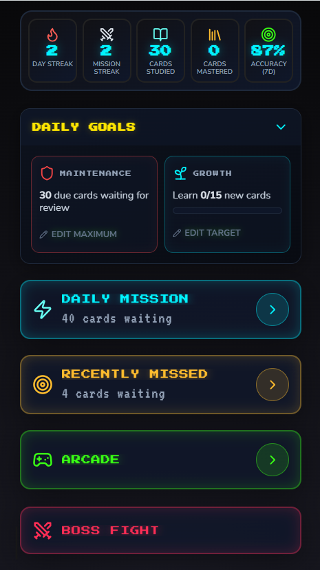 Mobile CardCade Solo dashboard