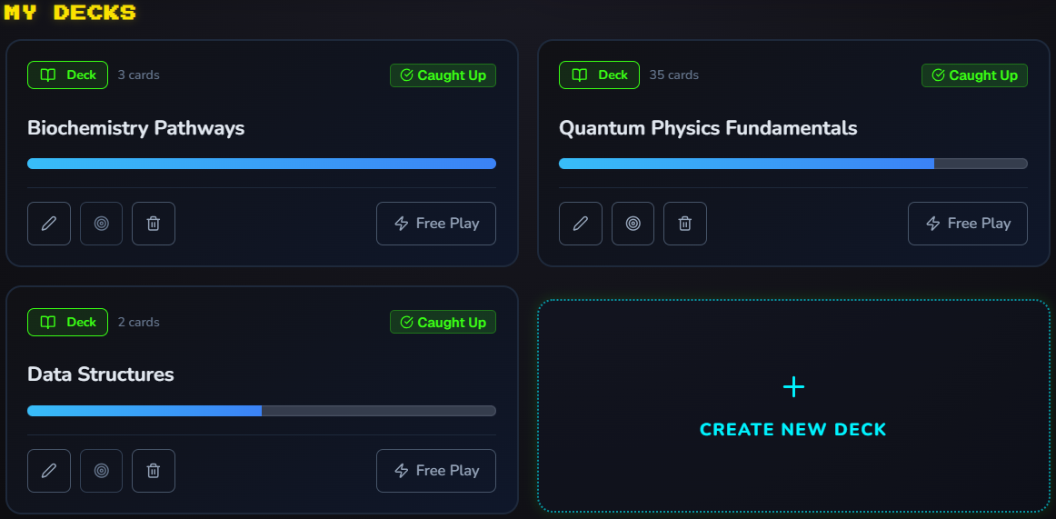CardCade Solo Decks list with Biochemistry Pathways, Quantum Physics Fundamentals, and Data Structures